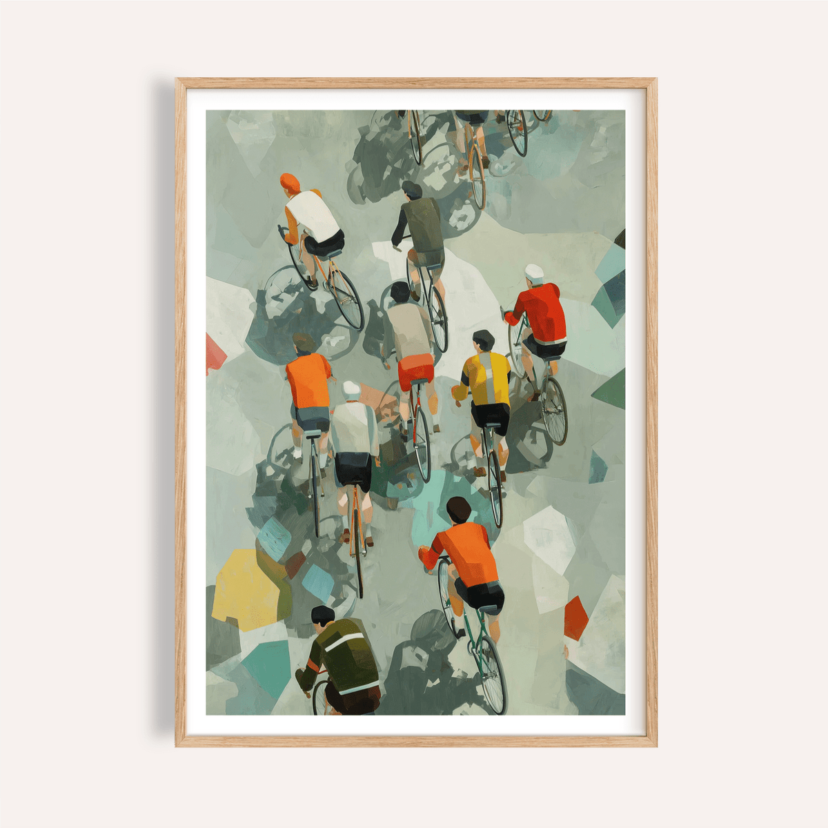Framed print of Bicycle Riders wall art showing a group of cyclists in muted colours with some bright orange and red
