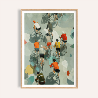 Framed print of Bicycle Riders wall art showing a group of cyclists in muted colours with some bright orange and red