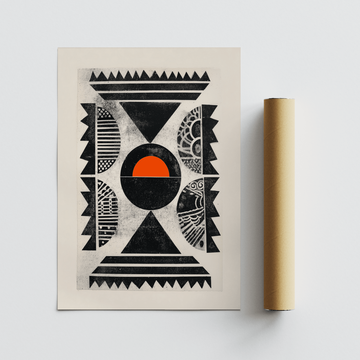 Indian Pattern wall art of an abstract sun with black geometric shapes and an orange semi circle next to a packaging tube