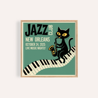 Framed close-up of Jazz Club Art Print with a black cat playing saxophone and piano keys