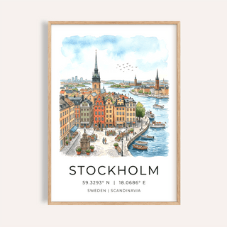 Framed Sweden Landscape Poster of a Stockholm cityscape in watercolour with blue sky