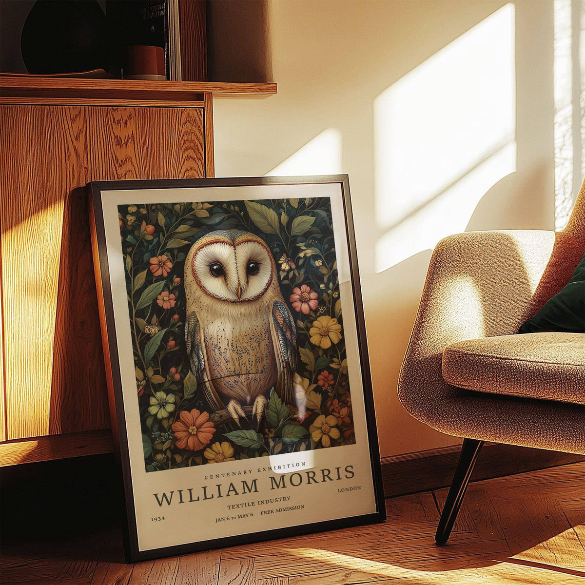 Owl prints leaning on a shelf in warm light showing a barn owl with botanical illustration style and colourful flowers
