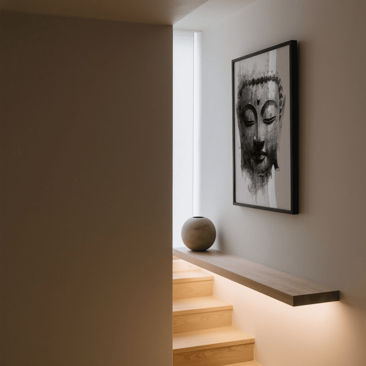 Zen Home Decor wall art of a Buddha face in black and grey hanging above a lit wooden shelf with a round vase