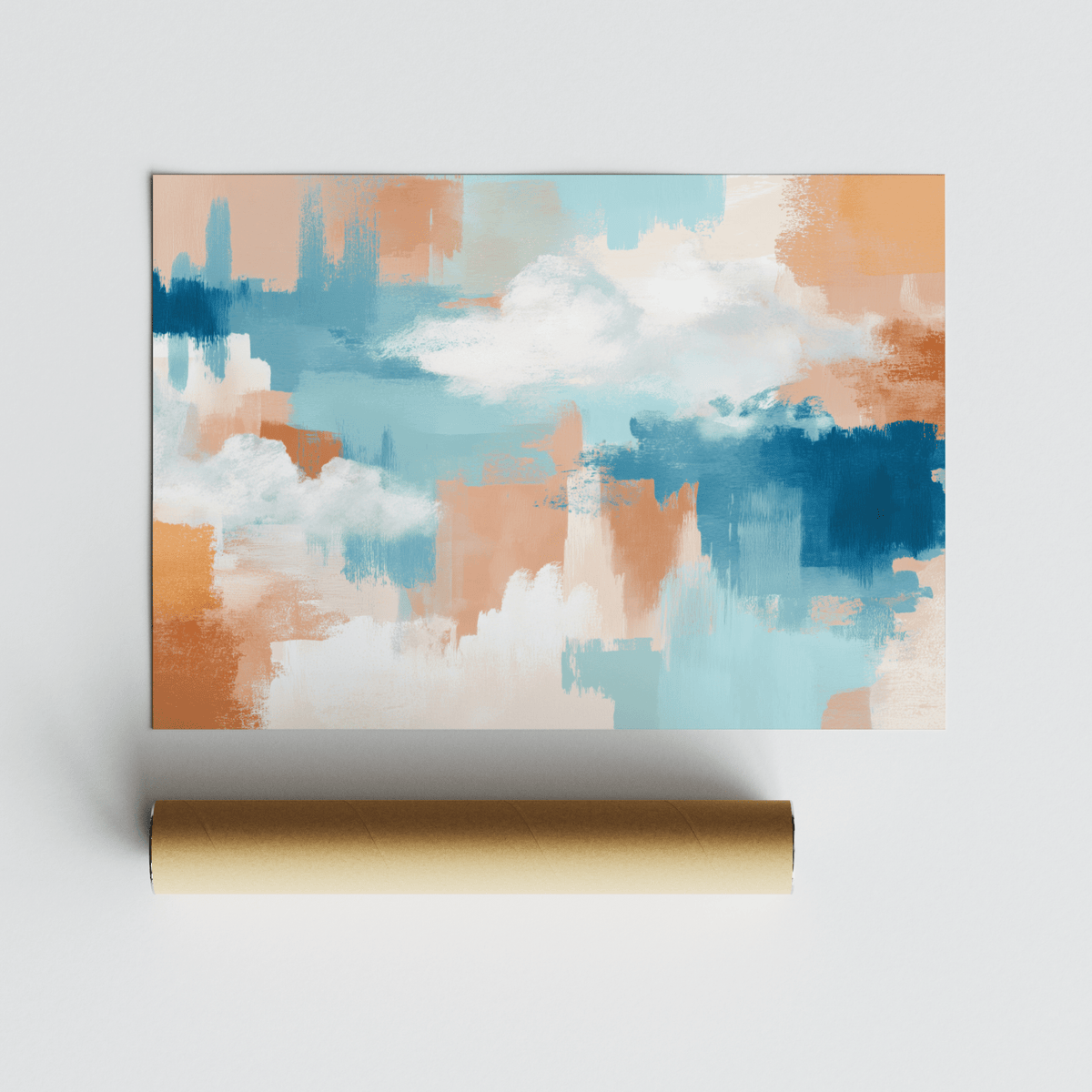 Abstract cloud print with blue peach and white brush strokes with a packaging tube