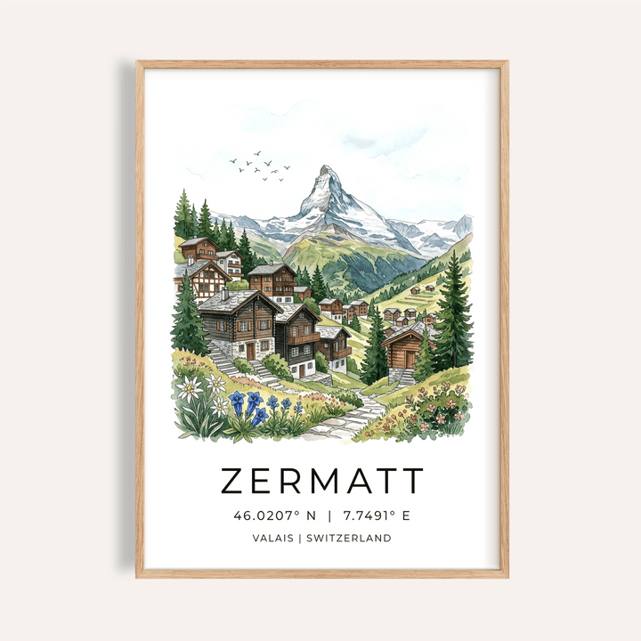 Framed print showing Zermatt Switzerland art print with watercolour mountain and village scene