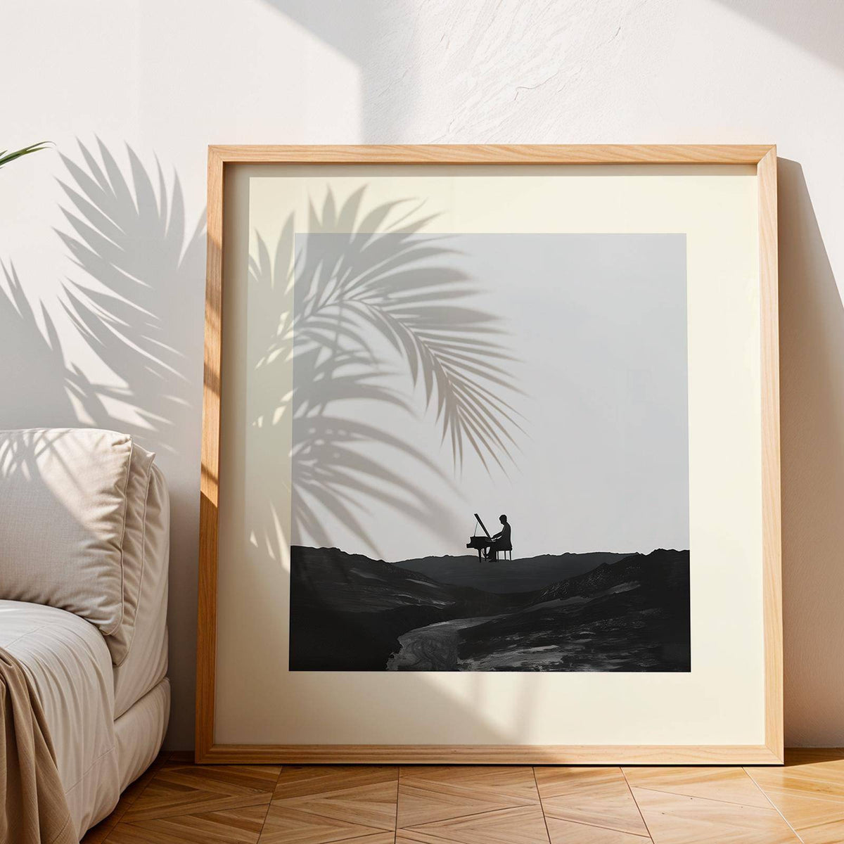 Framed Piano Abstract Art showing a silhouette playing piano with shadow of palm leaves nearby