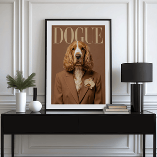 Modern Dog Print framed print of a dog in a brown suit with beige text on a black sideboard with lamp