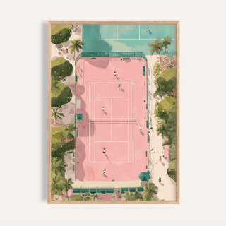 Framed tennis court art print showing an overhead view of a pink and green court with players in action