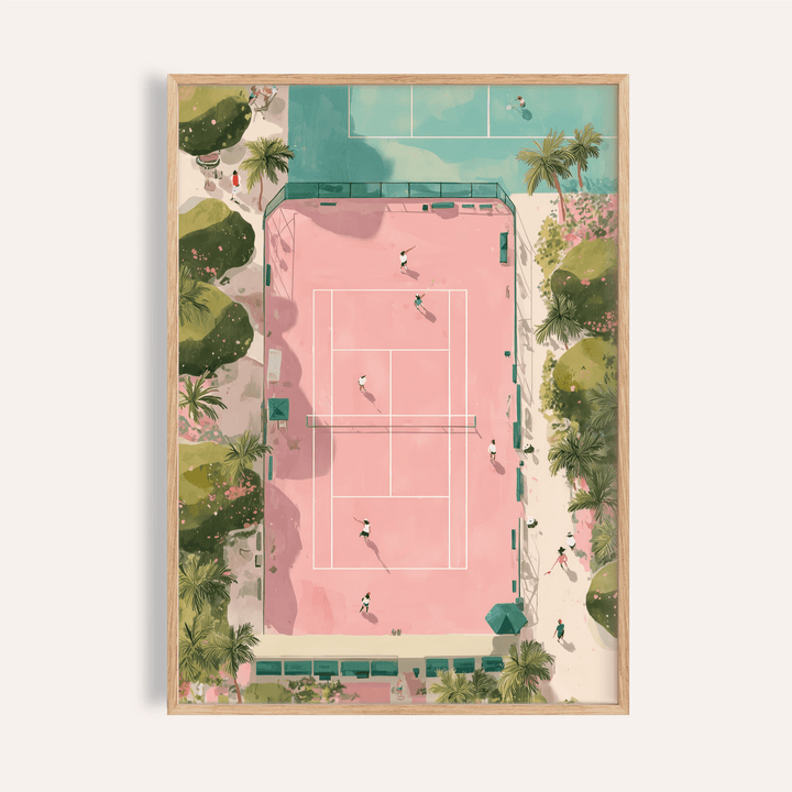 Framed tennis court art print showing an overhead view of a pink and green court with players in action