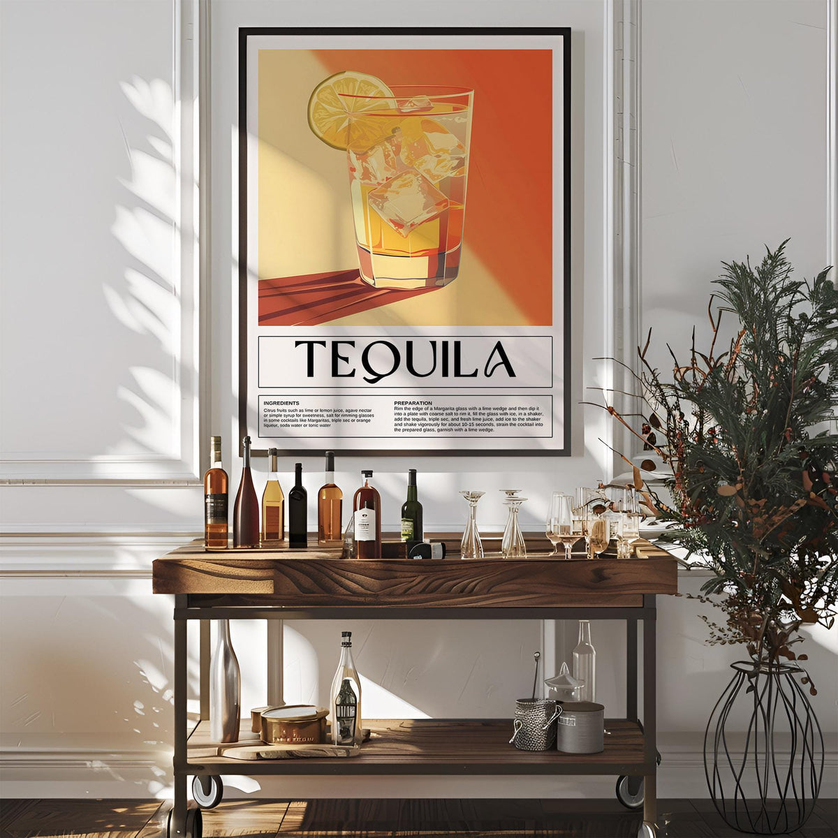 Home Bar Wall Decor framed print of a tequila cocktail with lime above a home bar trolley