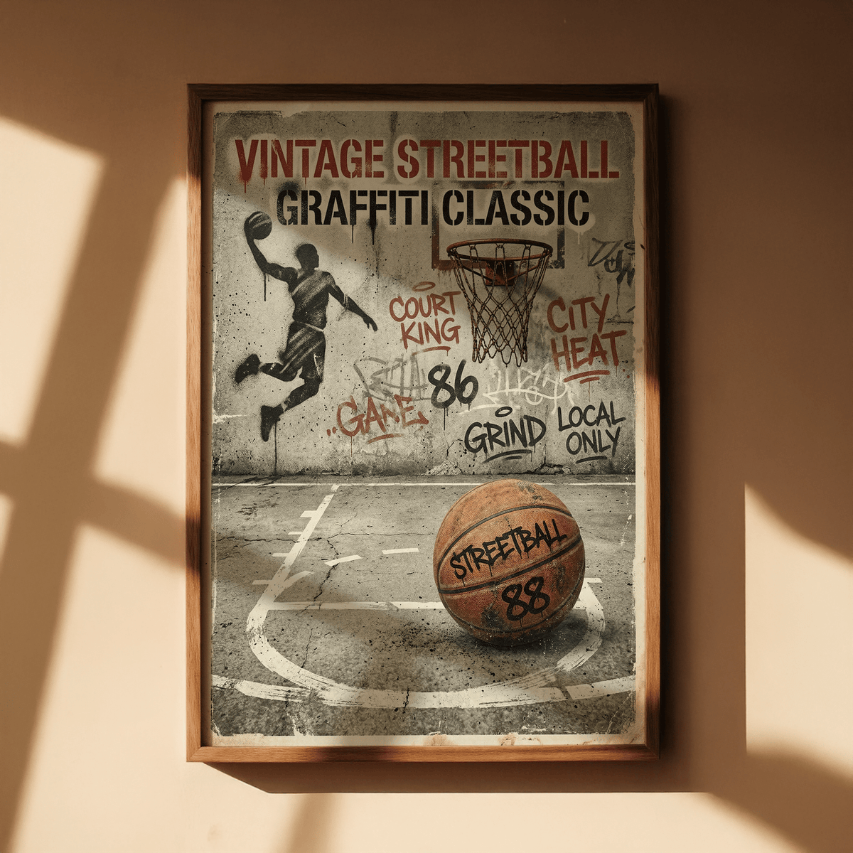 Framed Graffiti Basketball Poster with vintage street-art style and a basketball in shadowed light