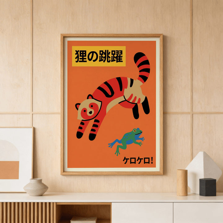 Colorful Cat wall art of a jumping raccoon in red and black by a blue frog above a sideboard