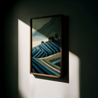 Framed Rice Paddy wall art of a mountain tea plantation with blue and green tones in shadow