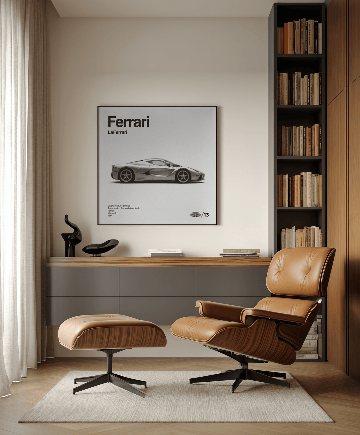 Stylish Italian Hybrid Hypercar Poster in black and gray suited for workspace or studio walls
