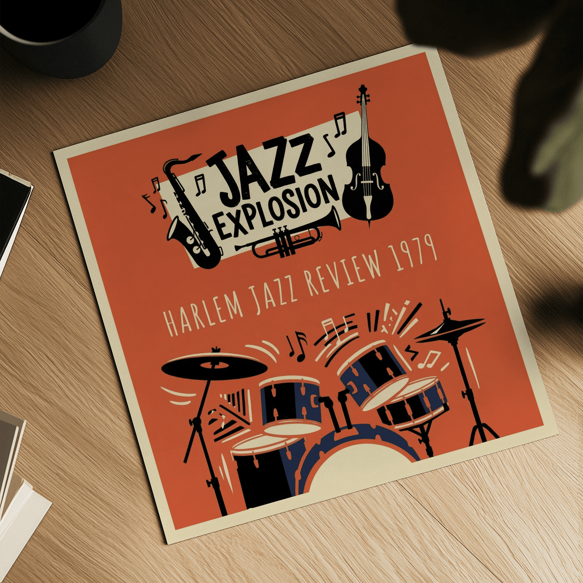 Harlem Jazz Art retro illustration of jazz instruments with dark orange background on a wooden table with a black mug