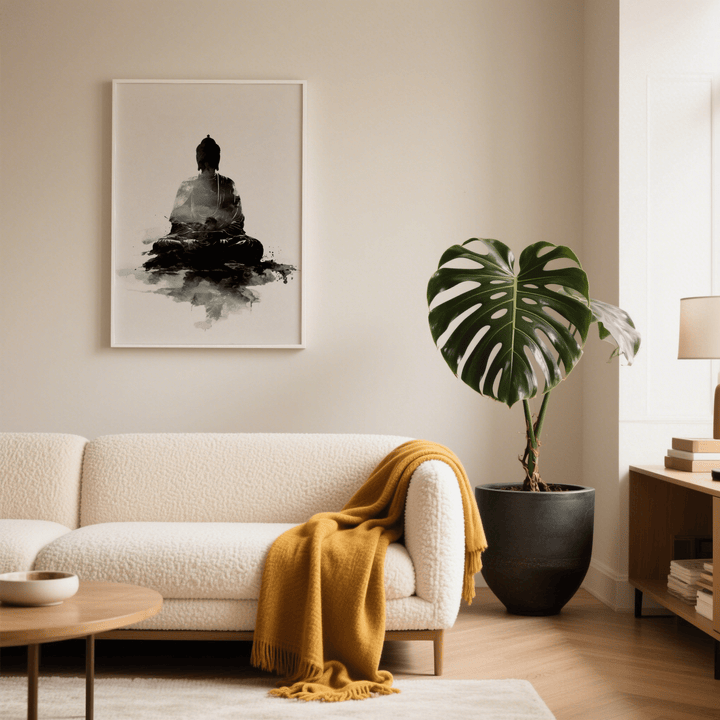 Spiritual Poster showing a black meditating Buddha silhouette in watercolour tones above a sofa with a mustard throw and a large potted