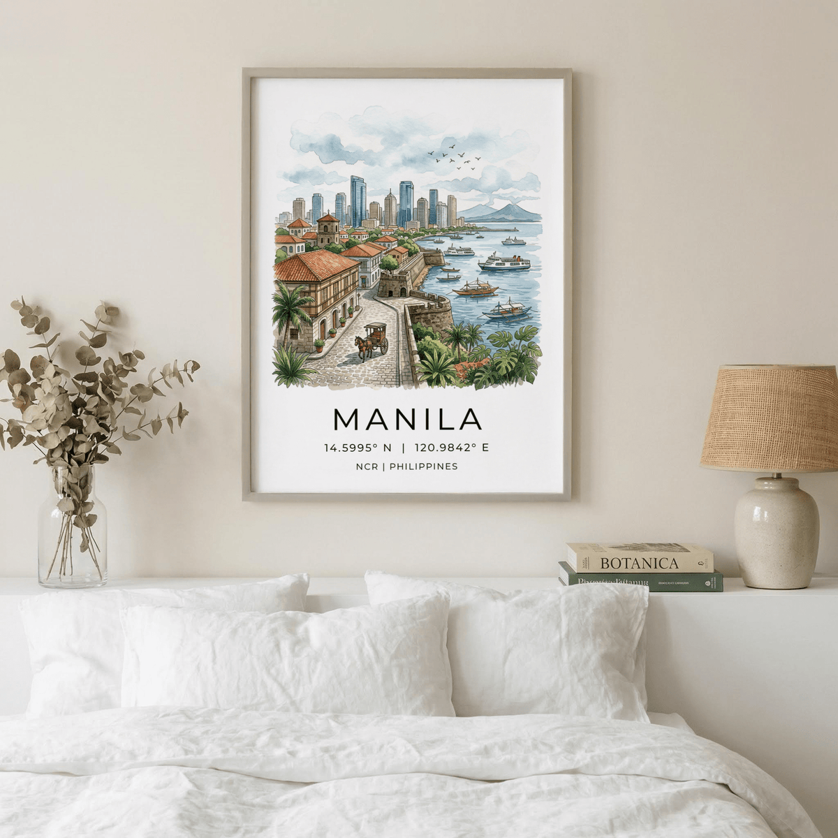 Manila City Art Print framed print above a white bed with beige lamp and dried flowers