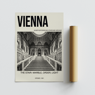 Vienna Architecture Art Print rolled up next to a brown cardboard tube on a light surface