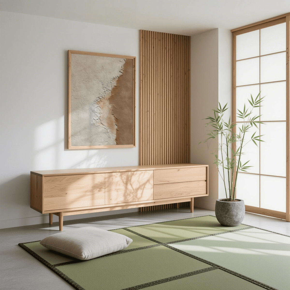 Modern Home Decor print on a wall showing textured cream and brown tones above a wooden console in a minimal room