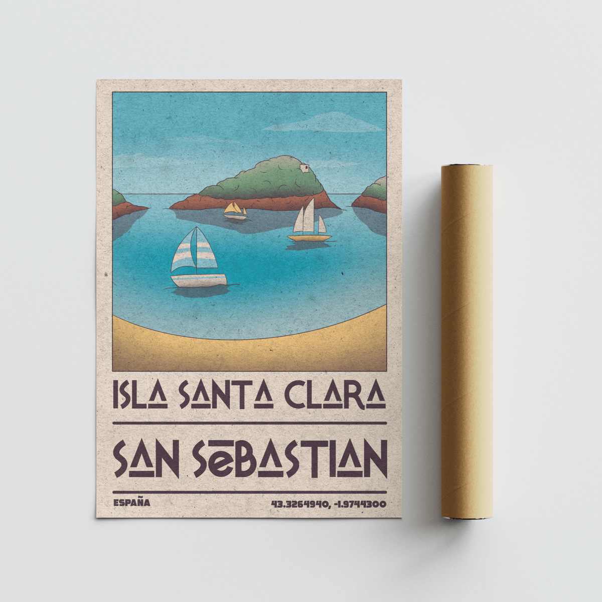 Island Vacation Poster of an island with sailboats and beige sandy shore laid flat next to a packaging tube