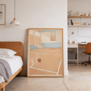 Vintage Basketball wall art leaning against a wall with bed and desk in a bedroom