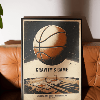 Framed surreal basketball art print of a giant ball above court in retro colours on a leather sofa