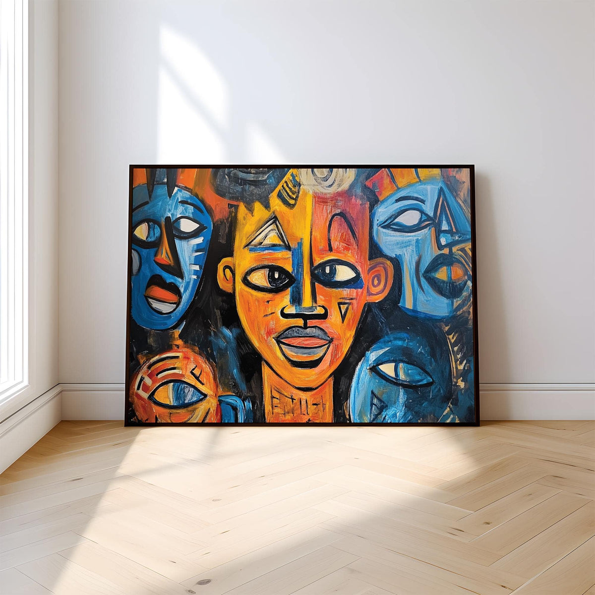 Abstract African wall art leaning on floor with tribal faces in orange and blue tones