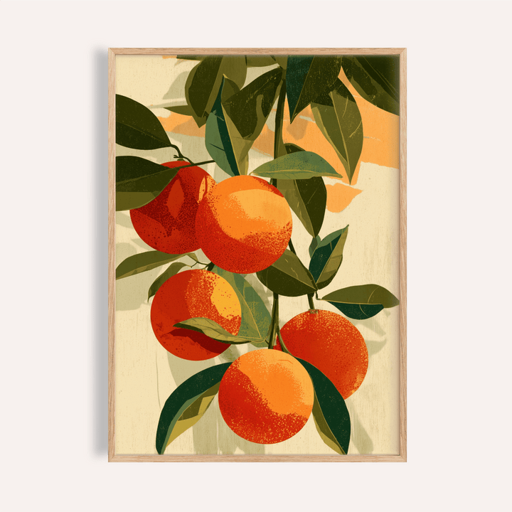 Fruit Art Print of an orange fruit branch with green leaves in an illustration style