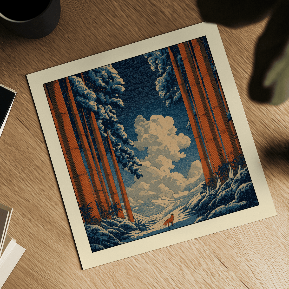 Detail close-up of snowy forest art print showing a red fox among tall orange and blue trees