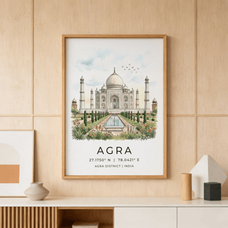 Framed Agra Historical Poster of the Taj Mahal watercolour with soft blue and green tones on a wooden wall