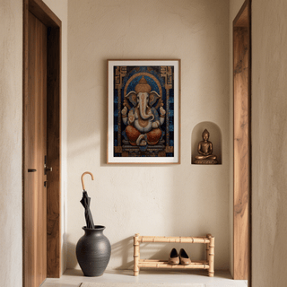 Tile-texture Ganesha print poster with circular arch and intricate hand gestures