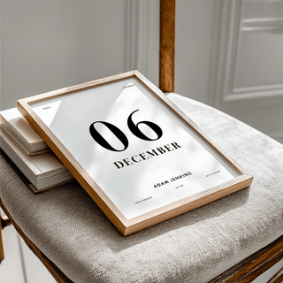 Framed Born This Day Custom print lying angled on a chair with a light oak frame and grey fabric seat
