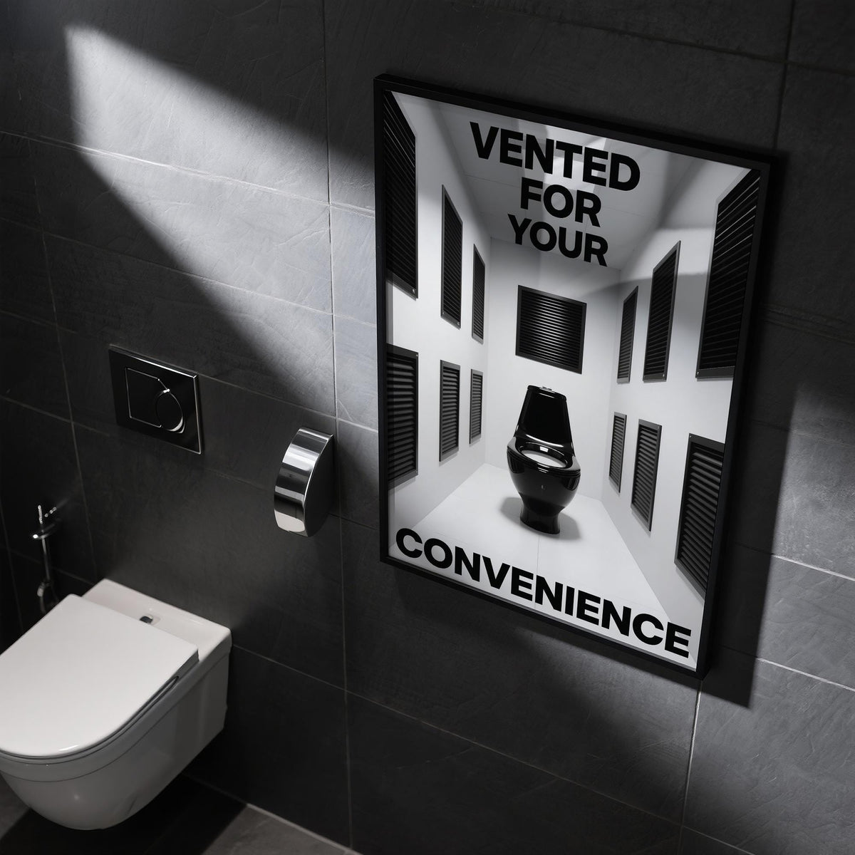 Bathroom funny print featuring a black toilet and vents in black and white in a dark tiled bathroom