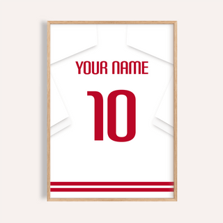 Football Shirt Poster in White with Red Number close-up of a white shirt with red number ten and stripes