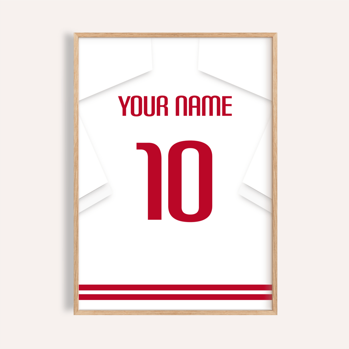 Football Shirt Poster in White with Red Number close-up of a white shirt with red number ten and stripes