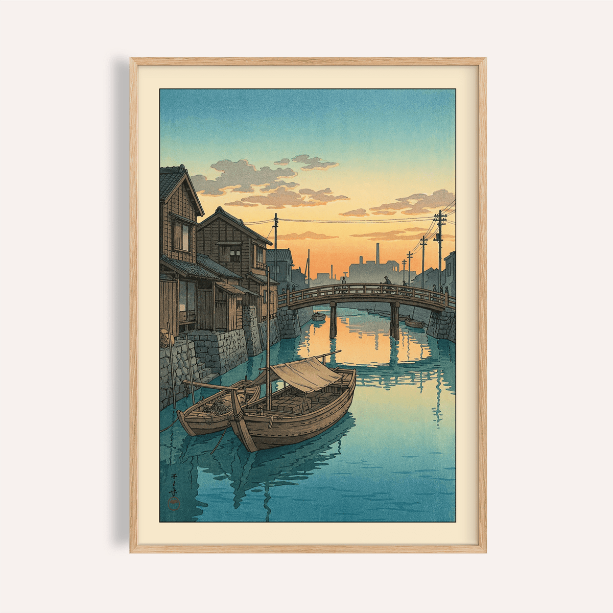Framed Hasui Kawase Boat Canal Print showing wooden boats on a calm canal with a sunset sky