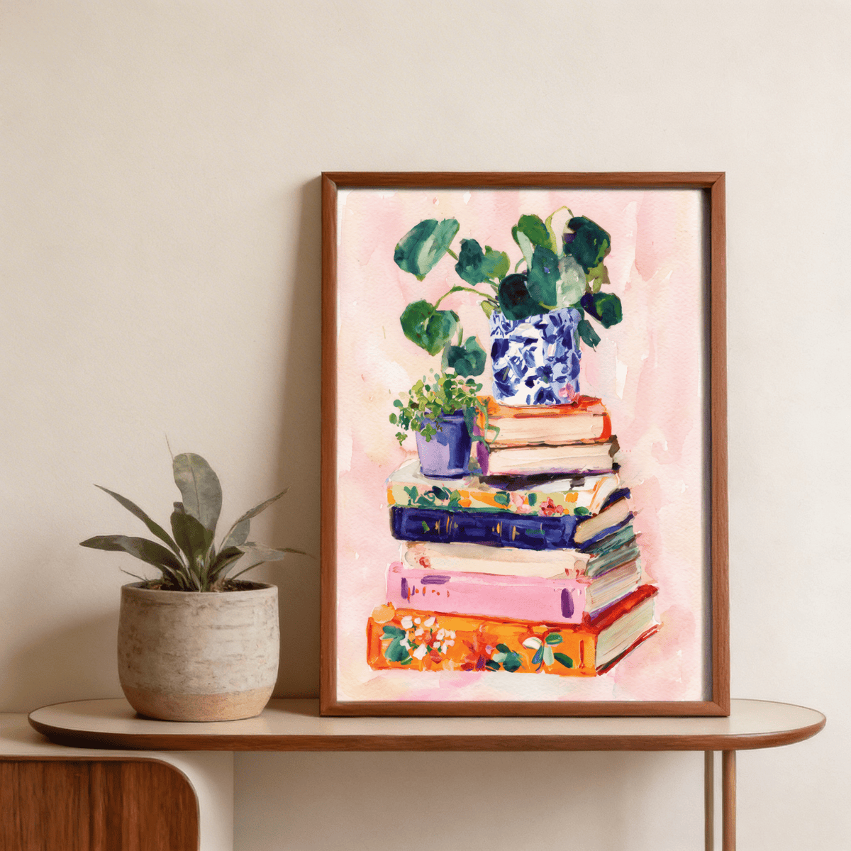 Books And Plants Art Print of books and potted plants in watercolour style with a wooden frame