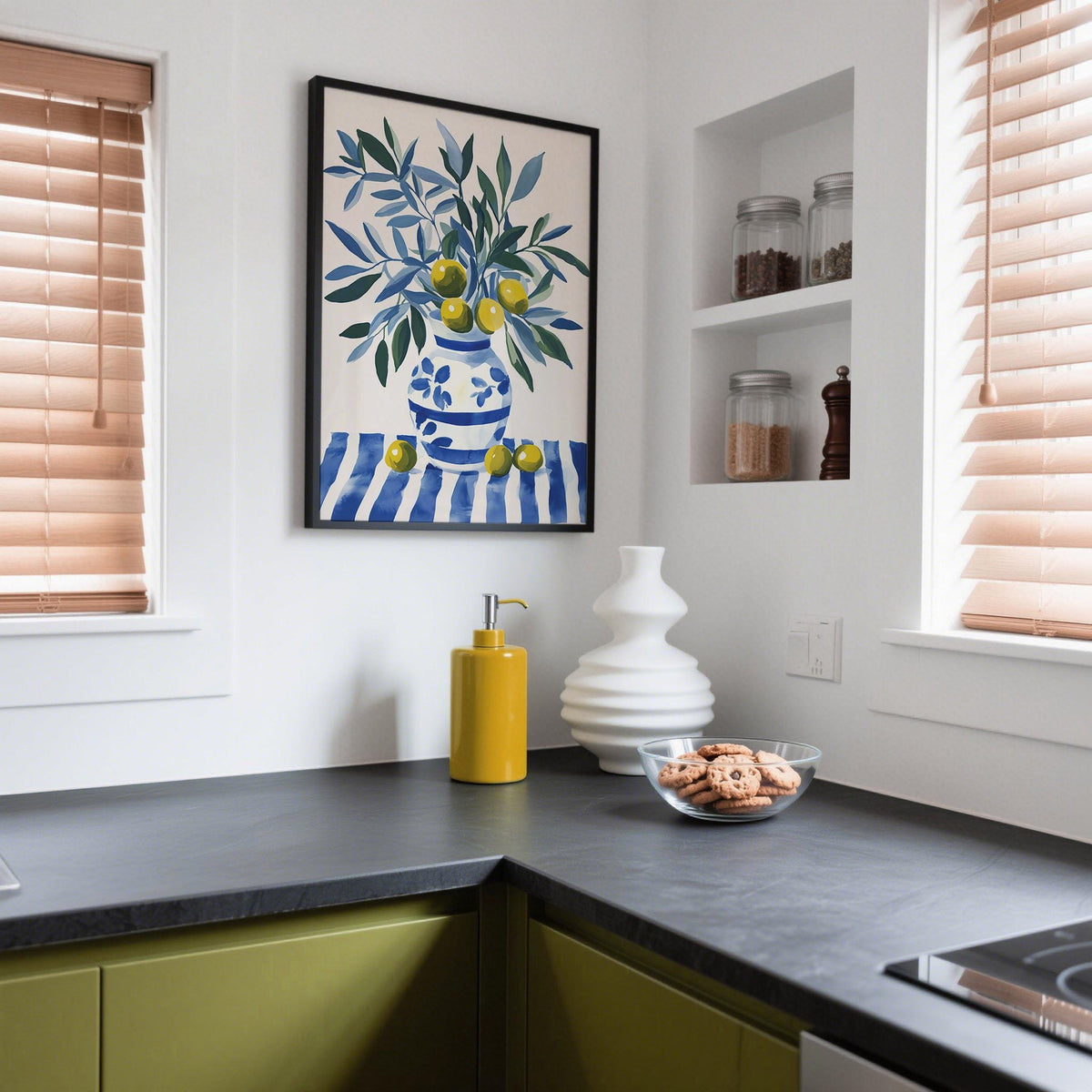 Olive Tree wall art with blue and green olive branches in a blue and white vase in a kitchen corner