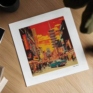 Retro illustration showing a vibrant Tokyo street scene with a blue car and pagoda under a red sky