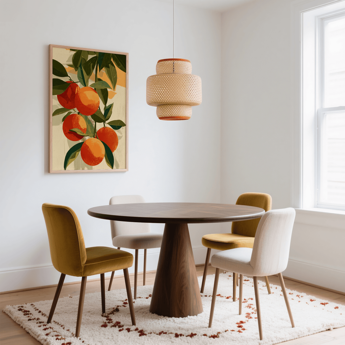 Fruit art print of vibrant orange fruit branch in a dining room with mustard and cream chairs