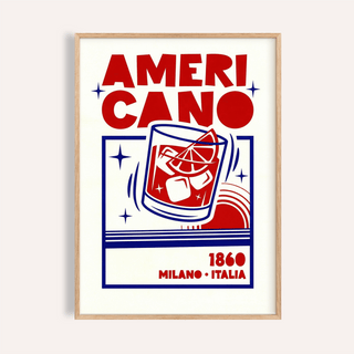 Framed Americano Cocktail Poster with red and blue minimalist illustration and typography