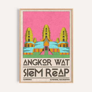 Framed Angkor Wat art in retro style with pink background and bold text
