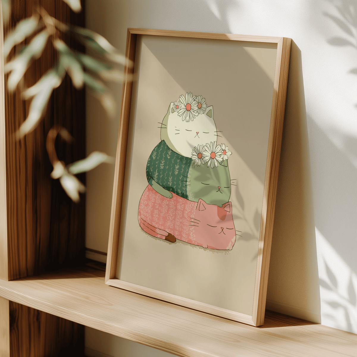 Framed Cute Cat Art Print of three stacked cats with daisies leaning on a wooden shelf with plant shadows