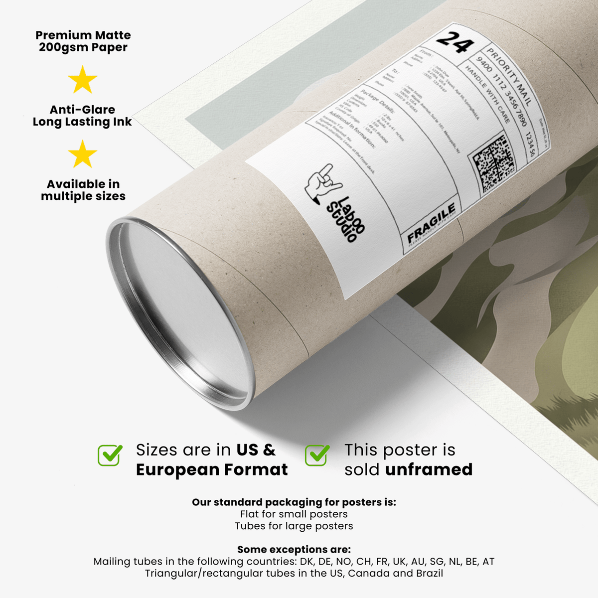 Packaging tube for Coastal Golf Landscape print with shipping label on a partially visible poster