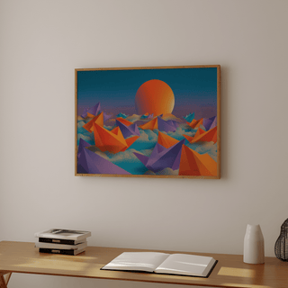 Origami wall art of abstract origami boats in orange and purple against a sunset above a desk with books and vase