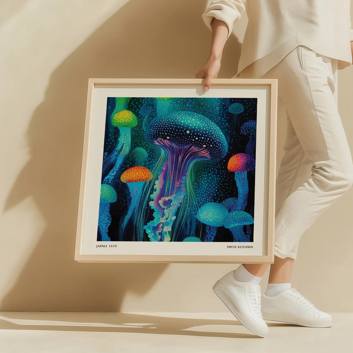 Jellyfish print with blue green and orange glowing jellyfish held by person in white clothing