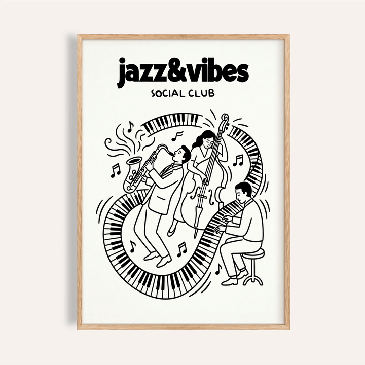 Framed close-up of jazz music wall art with a black and white minimalist line-art jazz band