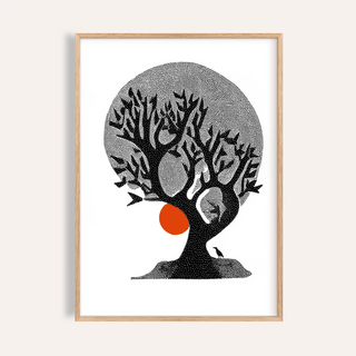Framed Indian Tree Art Print showing an abstract tree silhouette with a red sun detail on a pale background