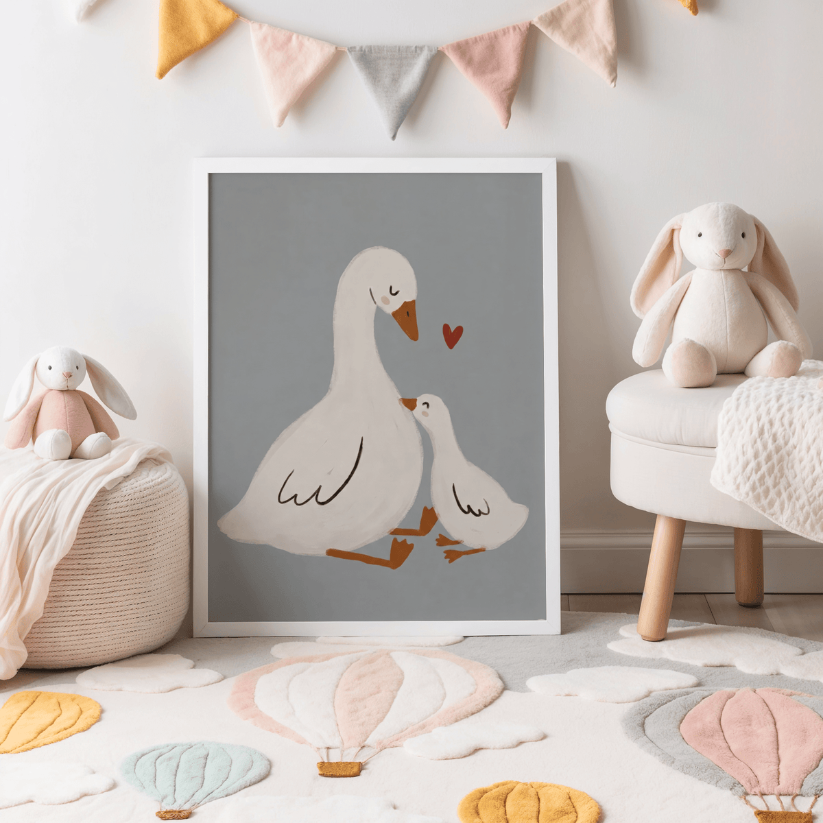 Print leaning on floor of minimalist Mother Goose Art Print with grey background in child's room