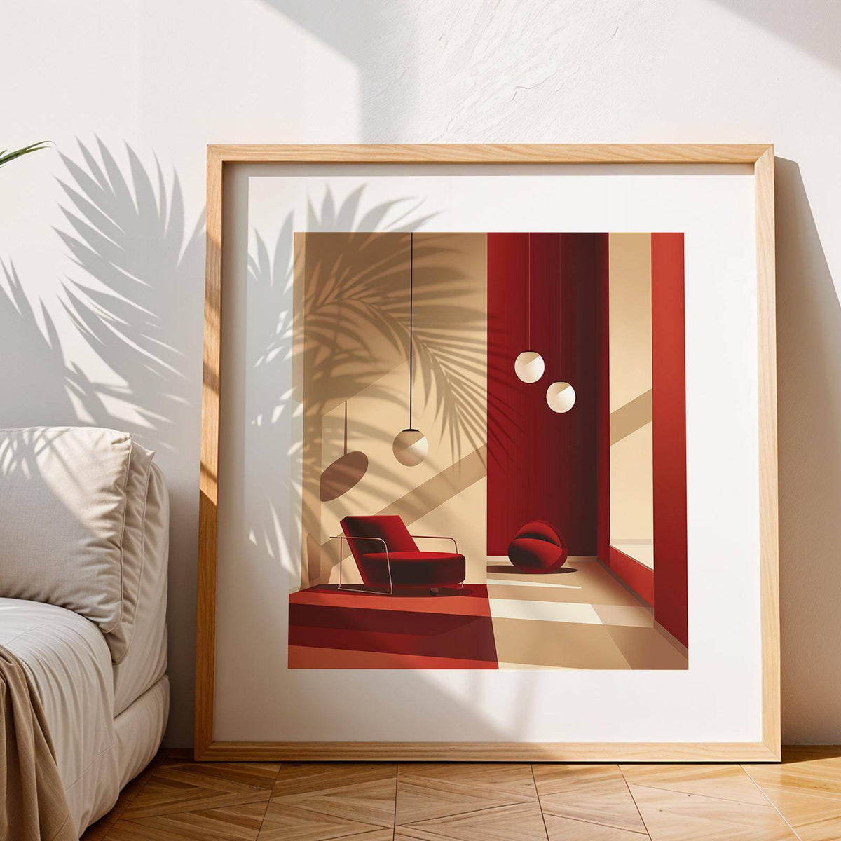 Framed Red Wall Art of a red modern armchair with beige and red tones leaning on the floor near a sofa
